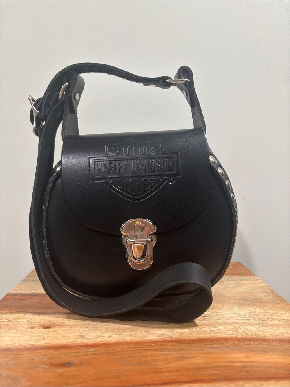 Harley-Davidson Black Leather Crossbody Saddle Bag with Stud Accents